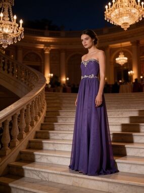 Deb Strapless Purple Chiffon Evening Dress with Beaded Waist